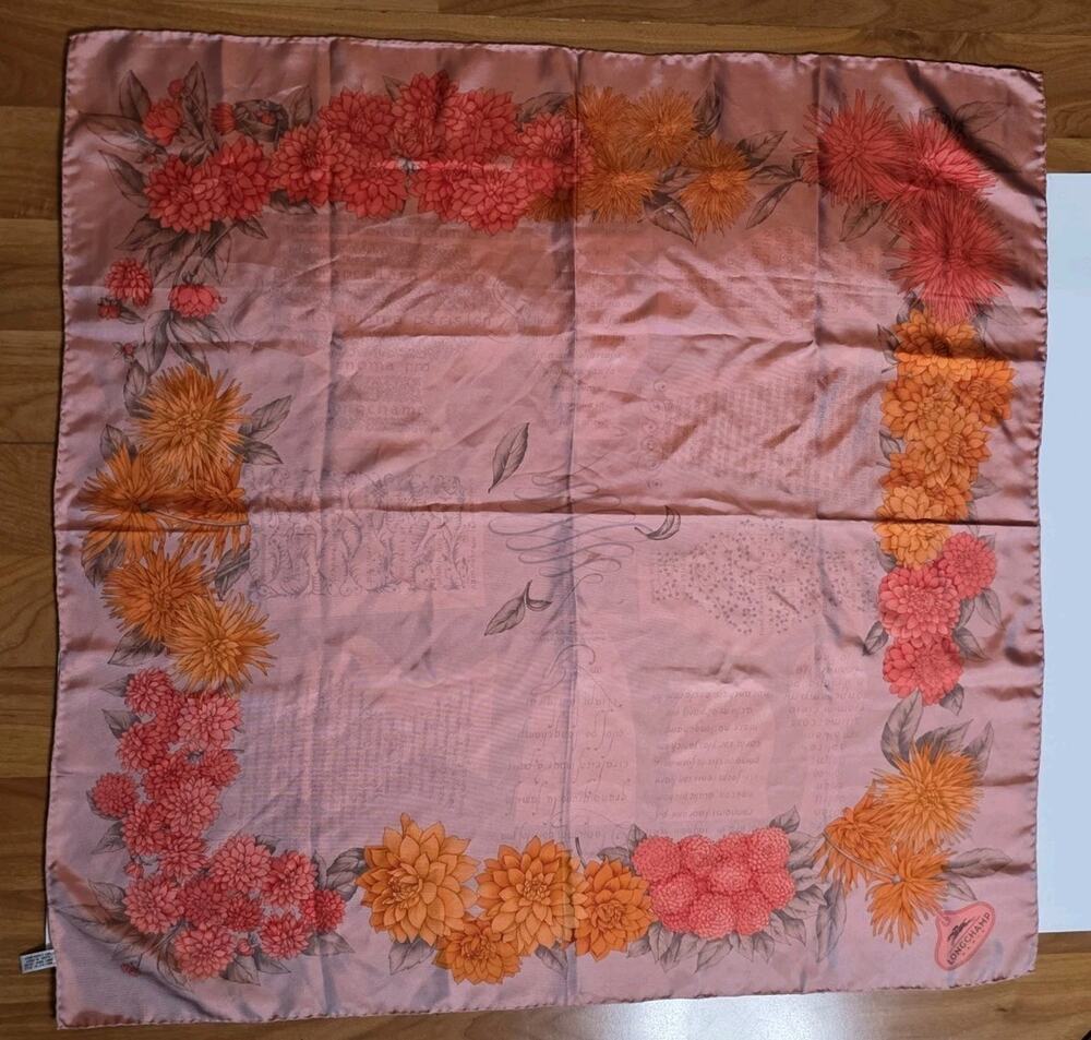 Longchamp Colorful 100% Silk Scarf Hand Rolled Excellent Condition 35" Square